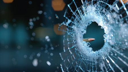 A striking image showcasing a shattered glass surface with a bullet hole, capturing the moment of impact in dramatic detail and emphasizing the scene's tension.の素材