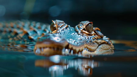 This stunning close-up captures a crocodile's head emerging from the water, showcasing intricate scales and captivating eyes, highlighting nature's beauty.の素材