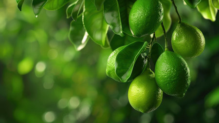 A serene scene depicting fresh green lemons hanging from a tree branch, surrounded by lush green leaves, showcasing the beauty of nature and organic growth.の素材