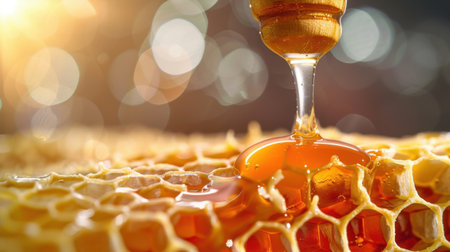 A mesmerizing close-up of golden honey dripping from a wooden dipper into a honeycomb, showcasing its rich texture against a soft bokeh background.の素材