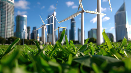 A vibrant scene featuring wind turbines against a modern urban skyline, highlighting the harmony between nature and technology in renewable energy development.の素材