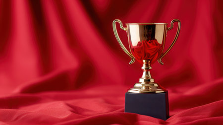 A stunning golden trophy stands proudly on a dark base against a rich red satin backdrop, representing success and achievement in various competitions.の素材
