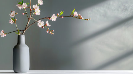 A serene still life featuring a delicate cherry blossom branch in a gray vase, casting soft shadows against a neutral background, evoking tranquility and beauty.の素材