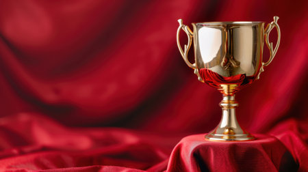 This stunning image features an elegant golden trophy placed on luxurious red fabric, symbolizing victory and achievement in competitive events. The rich colors and glossy finish capture the essence of celebration and success, making it ideal for award-related themes.の素材