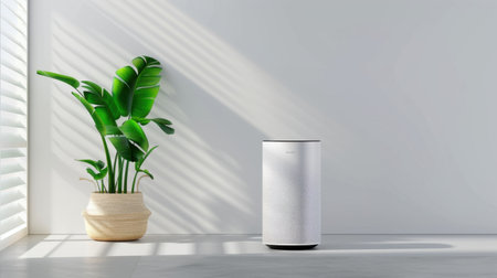 A stylish air purifier stands beside a lush indoor plant, creating a serene and modern atmosphere in a bright, minimalist living room. The interplay of sunlight and shadow enhances the refreshing design, promoting a clean and inviting indoor space.の素材