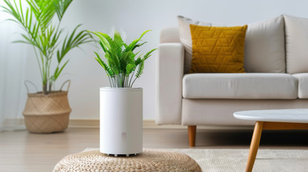 Bright and inviting living room featuring a potted plant in a modern white pot, a cozy sofa with a yellow accent pillow, and a stylish woven mat.の素材