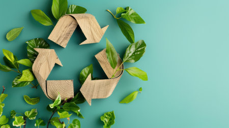 This image illustrates a wooden recycle symbol surrounded by lush green leaves on a soothing blue background, emphasizing eco-friendly concepts and sustainability.の素材