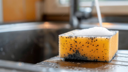A yellow cleaning sponge covered with bubbles sits in a kitchen sink as water streams down, highlighting essential household cleaning tasks and hygiene.の素材