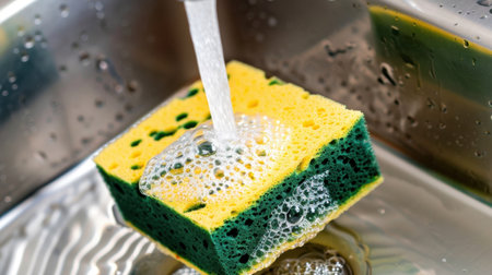 A vibrant close-up image showing water cascading over a yellow and green sponge in a stainless kitchen sink, emphasizing cleaning essentials in daily life.の素材
