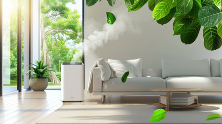 A modern living room showcases an air purifier amidst vibrant green leaves, emphasizing clean air and a peaceful lifestyle in a bright, airy space.の素材