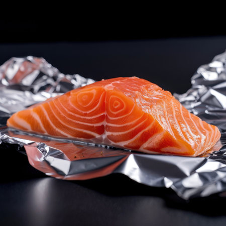 A vibrant salmon fillet sits on aluminum foil, showcasing its rich color and texture. Perfect for home cooking, grilling, or gourmet meals.の素材