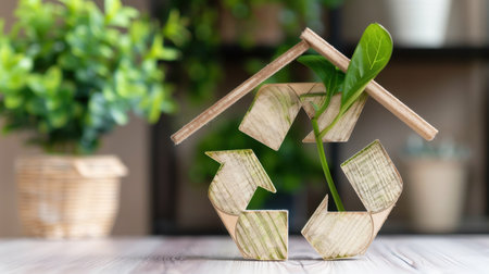 This image showcases a creative representation of sustainability, featuring wooden recycle symbols with a fresh green plant, symbolizing eco-friendly living.の素材