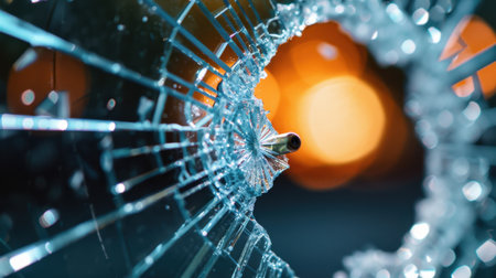 A striking close-up of shattered glass exhibiting a bullet hole at the center, featuring a blurred backdrop that enhances the dramatic effect and highlights fragility.の素材