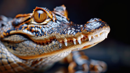 This captivating close-up showcases a colorful crocodile, highlighting its intricate texture, sharp teeth, and fierce expression against a dark background.の素材