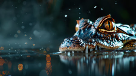 Captivating close-up of a crocodile's head breaking the water surface, showcasing intricate details of its skin and eyes, set against a tranquil backdrop.の素材