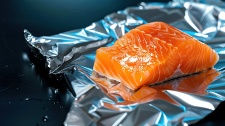 Vibrant raw salmon fillet rests on shiny silver foil, showcasing its natural color and texture. Ideal for culinary inspiration, healthy meals, and food photography.の素材
