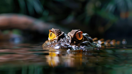 This captivating image features a crocodile just above the water's surface, showcasing its striking orange eyes and textured skin. The lush green surroundings enhance the vibrant colors and natural beauty of the wildlife scene.の素材