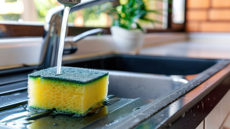 A close-up image of a colorful sponge being rinsed under running water in a kitchen sink. The setup features a clean countertop and an indoor plant, enhancing the fresh atmosphere of the space.の素材