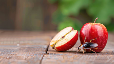 This detailed image showcases a fresh red apple half beside a cockroach on a weathered wooden table, highlighting themes of food safety and pest challenges.の素材