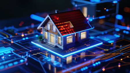 A captivating digital model of a small house sits atop vibrant circuit patterns, symbolizing the intersection of technology and home automation in modern living.の素材