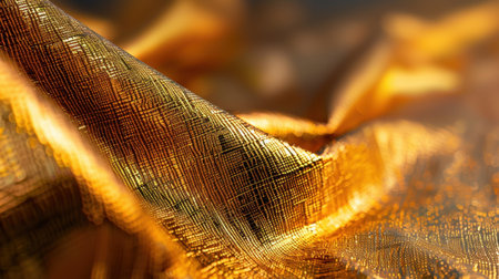 This close-up image captures the beauty of shimmering golden fabric, showcasing its intricate texture and soft drapery, perfect for elegant backgrounds or textile designs.の素材