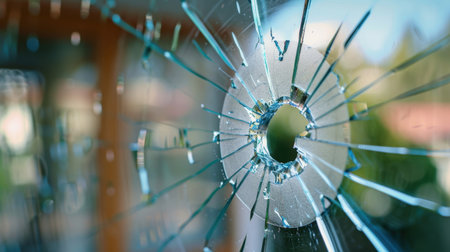 This close-up image captures a cracked glass surface with a central hole, showcasing intricate fragments and reflections, ideal for themes of danger and destruction.の素材