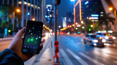 A captivating night scene features a smartphone displaying a colorful music visualizer app in a bustling urban street, with blurred traffic lights enhancing the vibrant atmosphere.の素材
