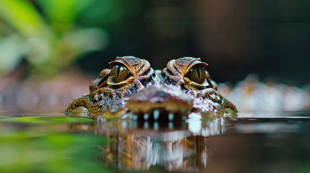 A stunning close-up of a crocodile's eyes peeking above water. The detailed features reveal the animal's texture and its serene yet alert presence in the wild.の素材