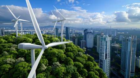 This image showcases a stunning aerial view of wind turbines seamlessly integrated into lush green forests alongside a bustling urban skyline.の素材