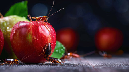 This captivating image features a fresh red apple with roaches resting on its surface, highlighting a striking contrast between food and pests.の素材