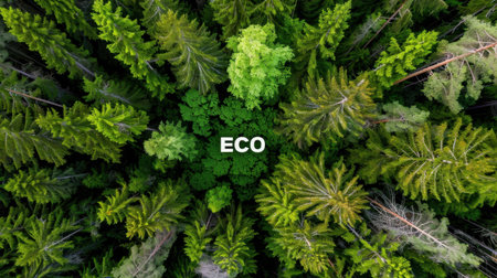This aerial image captures a vibrant green forest showcasing the beauty of nature while emphasizing an eco message. The lush trees highlight the importance of environmental conservation.の素材