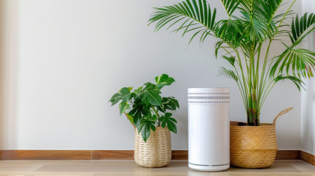 A bright and inviting scene featuring an air purifier beside lush indoor plants in stylish containers, enhancing home wellness and comfort.の素材