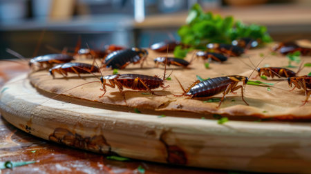 An intriguing close-up of a wooden plate with edible pizza crust featuring live roaches, garnished with fresh greens, highlighting unique culinary trends.の素材