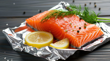 A vibrant salmon fillet sits on a foil background, accompanied by fresh lemon wedges and sprigs of dill, perfect for cooking or grilling.の素材