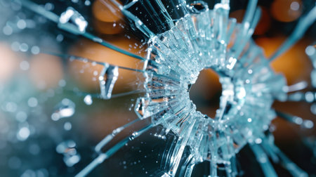 Stunning close-up image of shattered glass with a bullet hole at the center, revealing intricate details and radiating fragments, illustrating impact and destruction.の素材