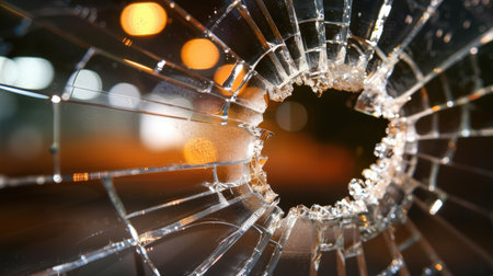 This image captures a close-up view of shattered glass, showcasing intricate breakpoints and beautiful blurred lights. It evokes a sense of chaos and destruction.の素材
