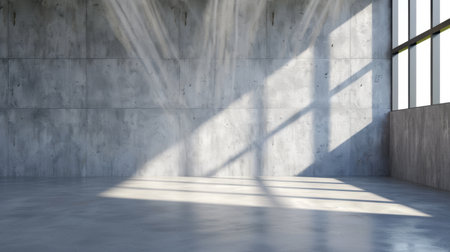 Spacious modern interior featuring raw concrete walls illuminated by natural light, creating a serene and minimalist atmosphere ideal for creative projects.の素材