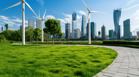 A stunning urban scene featuring wind turbines amidst lush green grass and a modern skyline, highlighting the balance of nature and technology.の素材