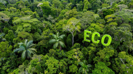 This aerial view captures a vast, vibrant green forest canopy, beautifully illustrating nature's splendor while highlighting the eco concept.の素材