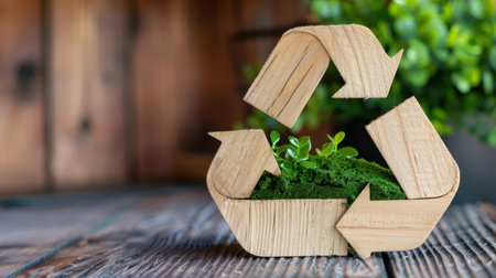 A wooden recycling symbol filled with lush green plants showcases a commitment to sustainability and environmental consciousness in a serene natural setting.の素材