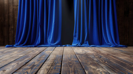 A striking image showcasing rich blue stage curtains draped elegantly over a wooden floor, creating an inviting atmosphere for an upcoming performance or event.の素材