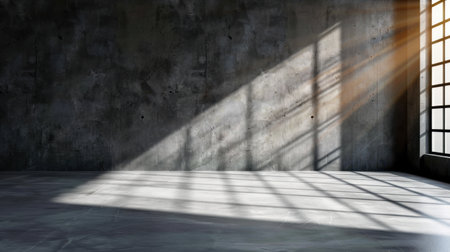 This image captures the serene moment where sunlight filters through an industrial window, casting shadows on a textured concrete wall, creating a peaceful atmosphere.の素材