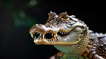 This stunning close-up image captures the fierce beauty of a crocodile, showcasing its sharp teeth and intricate scales against a dark backdrop.の素材