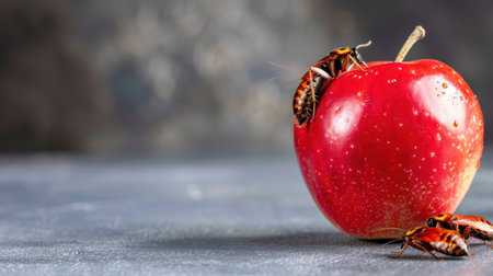 A vibrant red apple sitting on a light gray surface, with insects gently crawling on its shiny skin, showcasing a mix of nature and food aesthetics.の素材