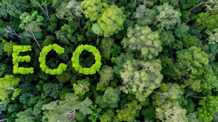 An aerial view of a vast green forest with the word "ECO" shaped by lush foliage emphasizes the beauty and significance of nature preservation.の素材