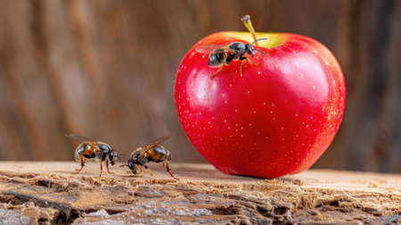This vivid image showcases bees interacting with a fresh red apple on a rustic wooden surface, emphasizing the beauty of nature and pollination.の素材