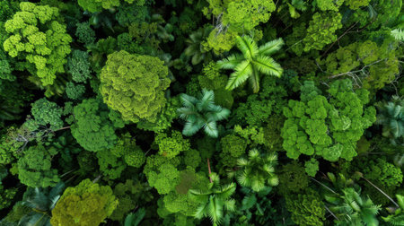 This aerial view captures a vibrant forest canopy, showcasing diverse tree species and rich greenery. The image evokes a sense of tranquility and environmental beauty.の素材