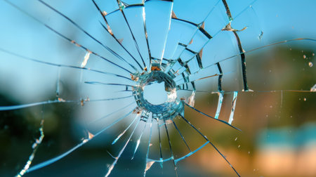 This image captures the close-up view of a shattered glass pane, showcasing intricate details of breakage and reflections against a blurred background.の素材