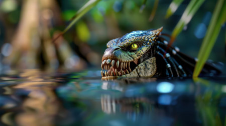 This striking image captures a menacing creature rising from the water, surrounded by vibrant greenery. Its intense eyes and sharp teeth evoke a sense of wonder and fear in an enchanting natural setting.の素材