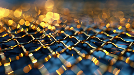 This abstract image features a close-up of illuminated wire mesh with a captivating bokeh effect. The warm lights add depth and texture to the scene.の素材